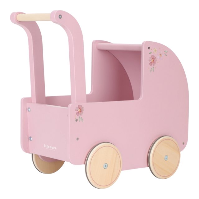 Drvena kolica za lutke u roze boji.