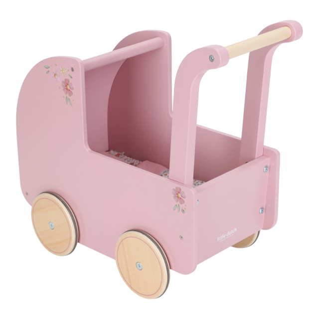 Drvena kolica za lutke - roze Drvena kolica za lutke u roze boji.