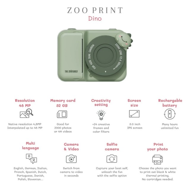 Dečiji digitalni fotoaparat sa štampom fotografija - Zoo print Dinosaurus