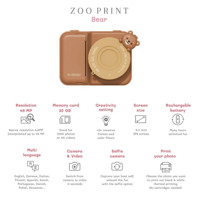 Dečiji Digitalni Fotoaparat Sa Štampom Fotografija - Zoo Print Bear